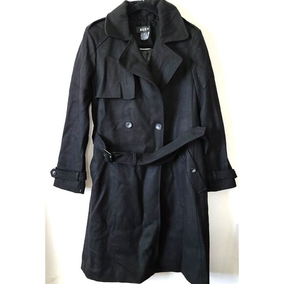 DKNY Double Breasted Trench Coat Wool Blend Size 14 Black Belted Waist NEW - Picture 2 of 15